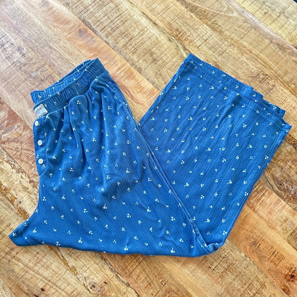 American Eagle AE Lounge Blue Ribbed Floral Pajama Pants Wide Leg Pockets Size L